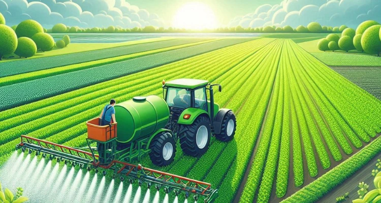 Texto Alternativo: Agricultor em um trator moderno aplicando fertilizantes em um amplo campo verde, destacando a importância dos fertilizantes para a saúde das plantas simbolizando aplicação de silício agrícola.
